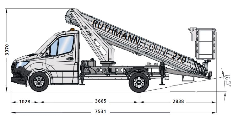 Seitenansicht Maße ECOLINE 270 Lkw-Arbeitsbühne